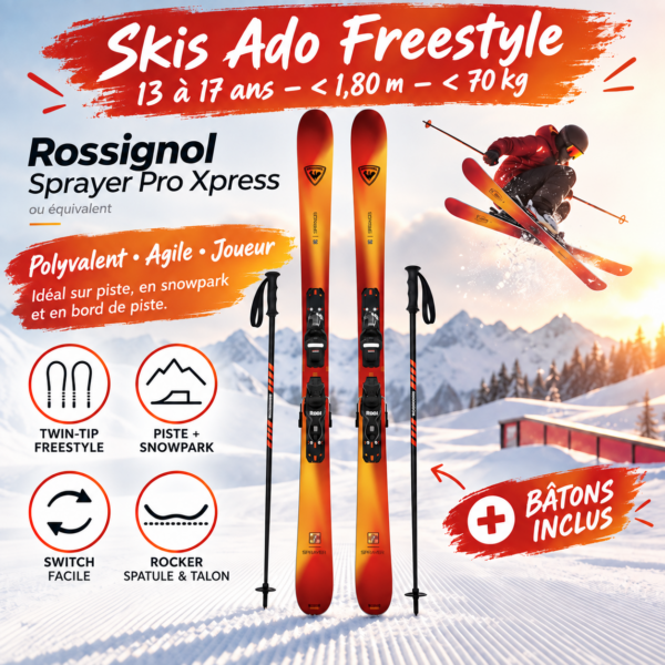 Skis Ado Freestyle – 13 à 17 ans – < 1,80 m – < 70 kg