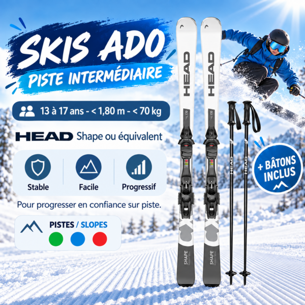 Skis Ado Piste Intermédiaire – 13 à 17 ans – < 1,80 m – < 70 kg
